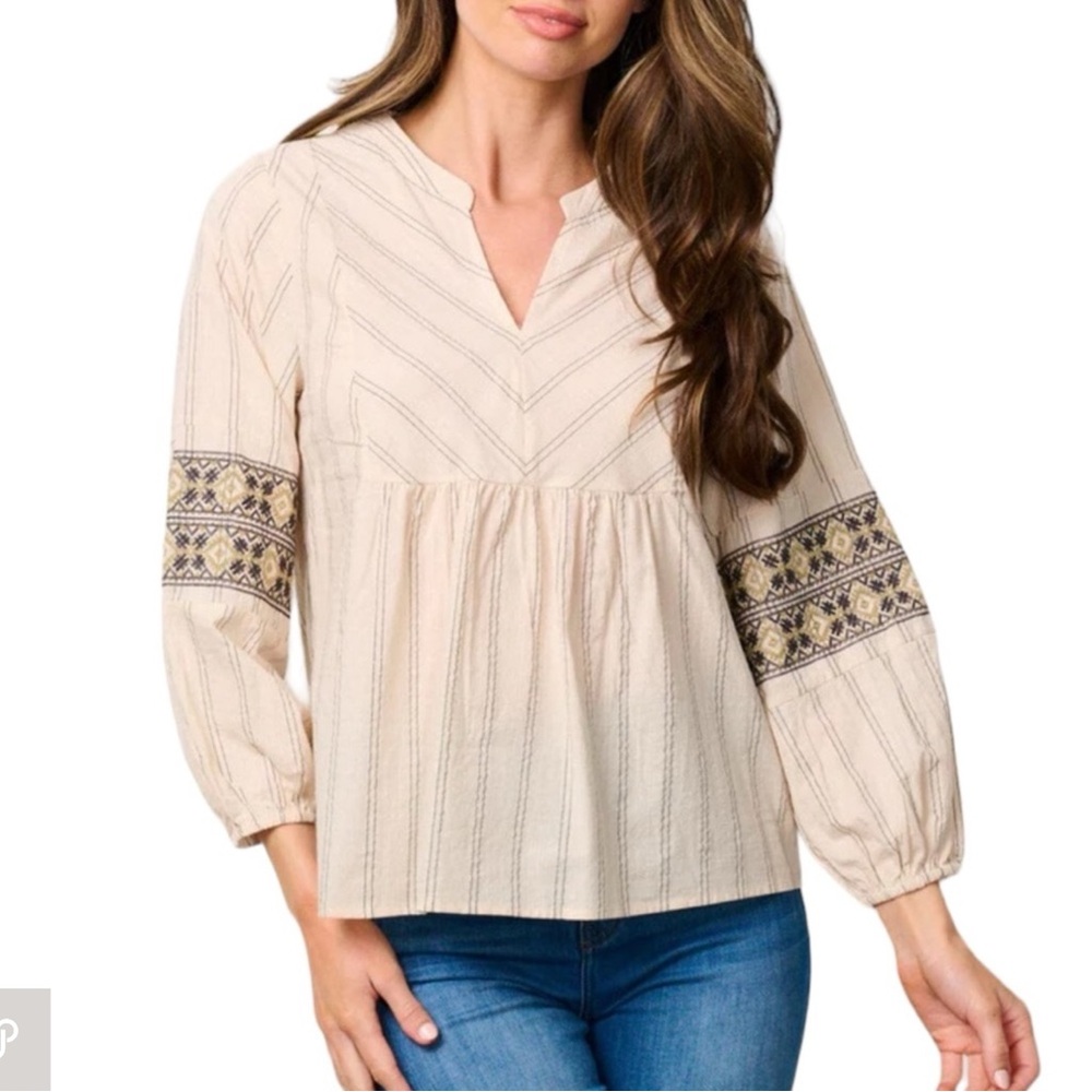 Boho boutique Cream and Black Embroidered Top